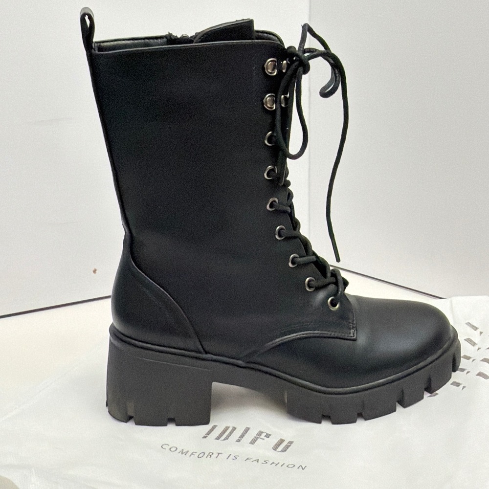 IDIFU Women Black Combat Boot Chunky Lug Sole Platform Mid Calf Lace Up Size 7.5